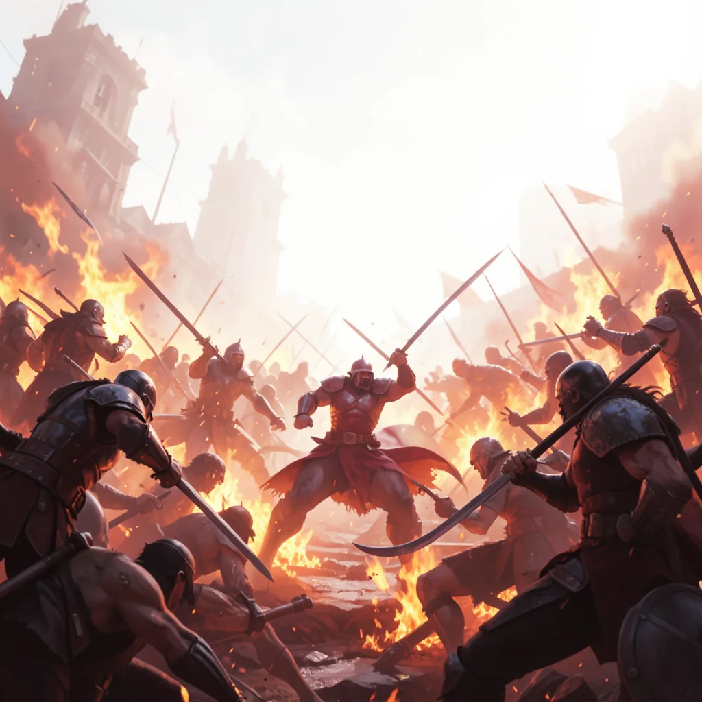 A dramatic fantasy illustration with fiery orange and deep crimson tones, depicting an epic battle scene