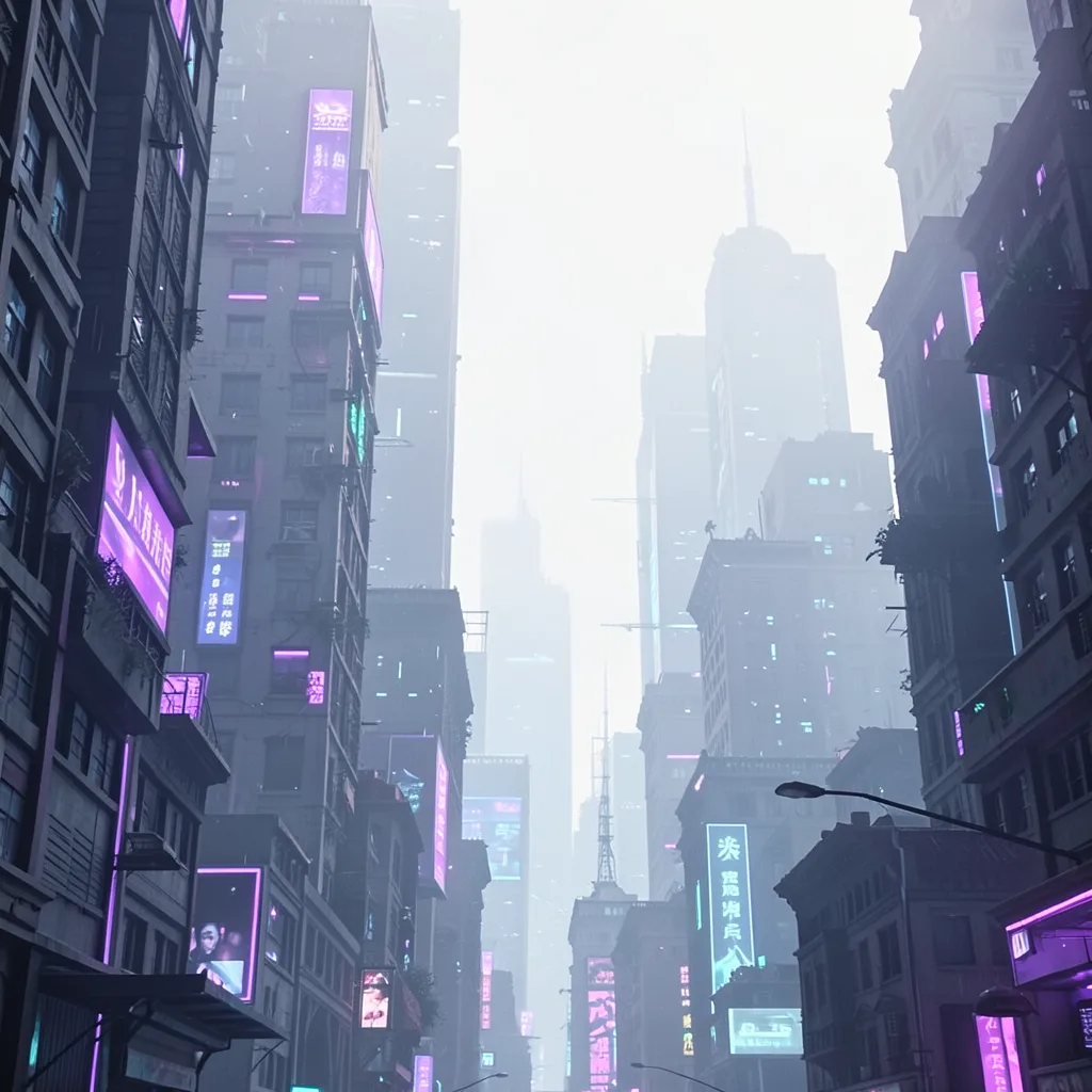 A dark futuristic cityscape with neon purple and cyan accents, suggesting a cyberpunk RPG setting