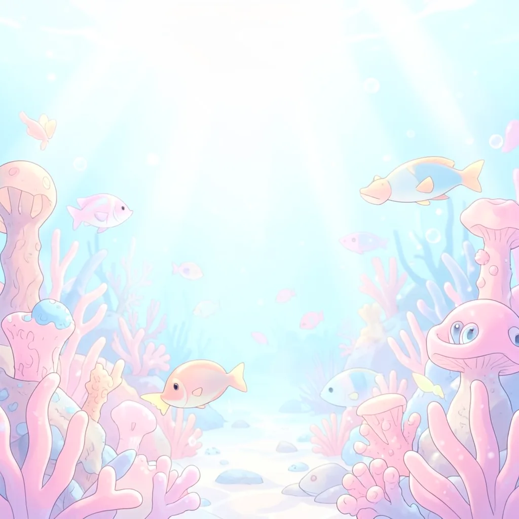 A bright anime-style illustration with soft pink and blue pastels, showing a whimsical underwater world