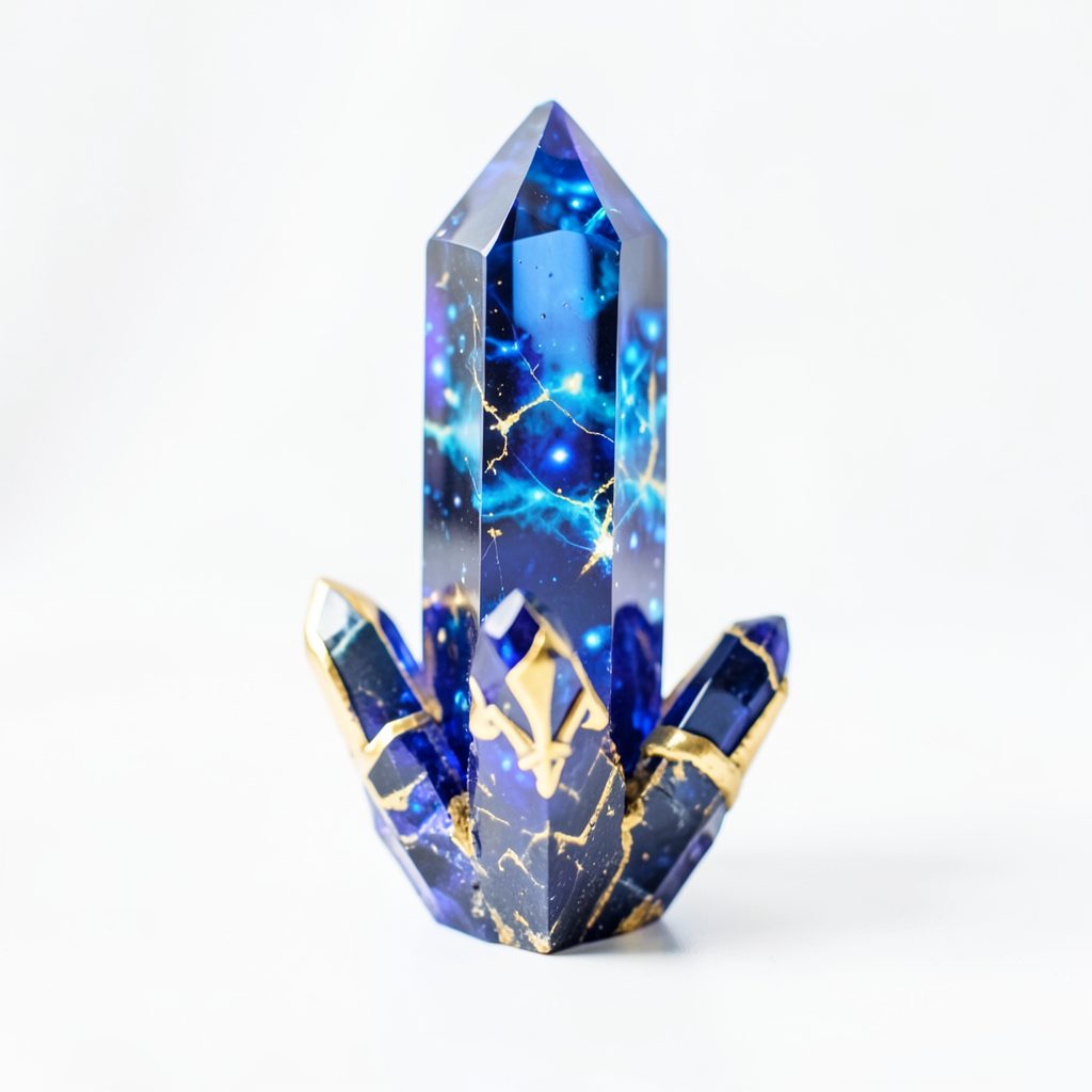 A glowing crystal in deep blue and gold tones, symbolizing the Final Fantasy series