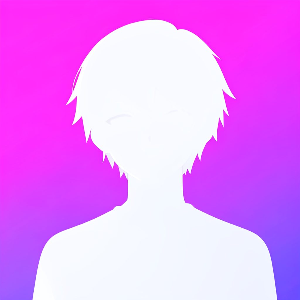 A stylized anime character silhouette against a vibrant magenta and purple gradient background