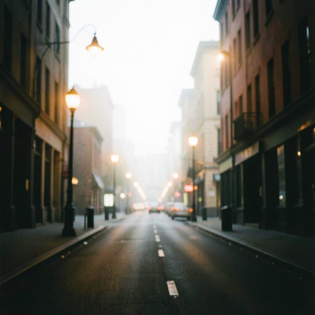 A moody noir scene with deep shadows and warm amber streetlights, evoking a classic film atmosphere