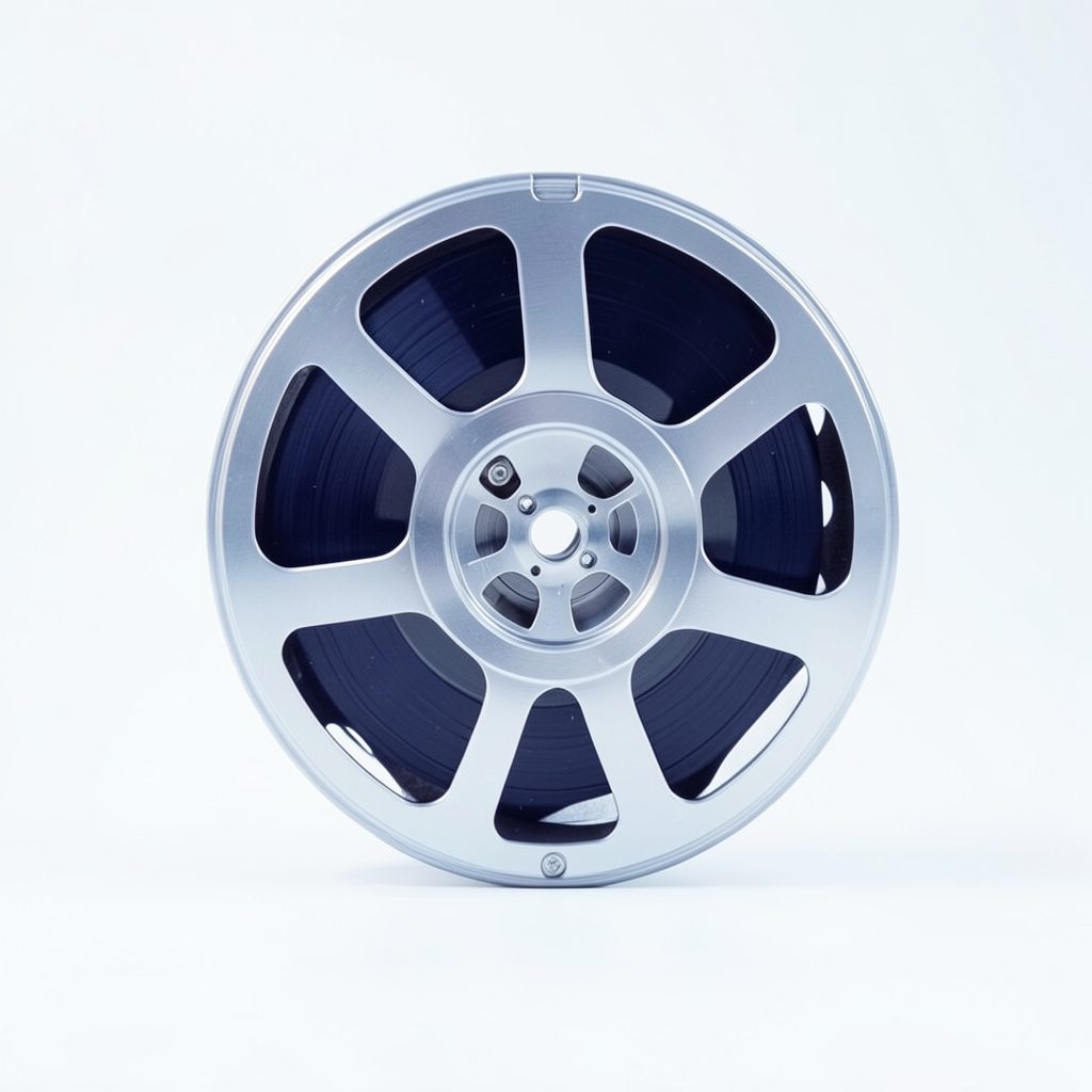 A film reel with deep indigo and silver highlights, representing animation and cinema coverage