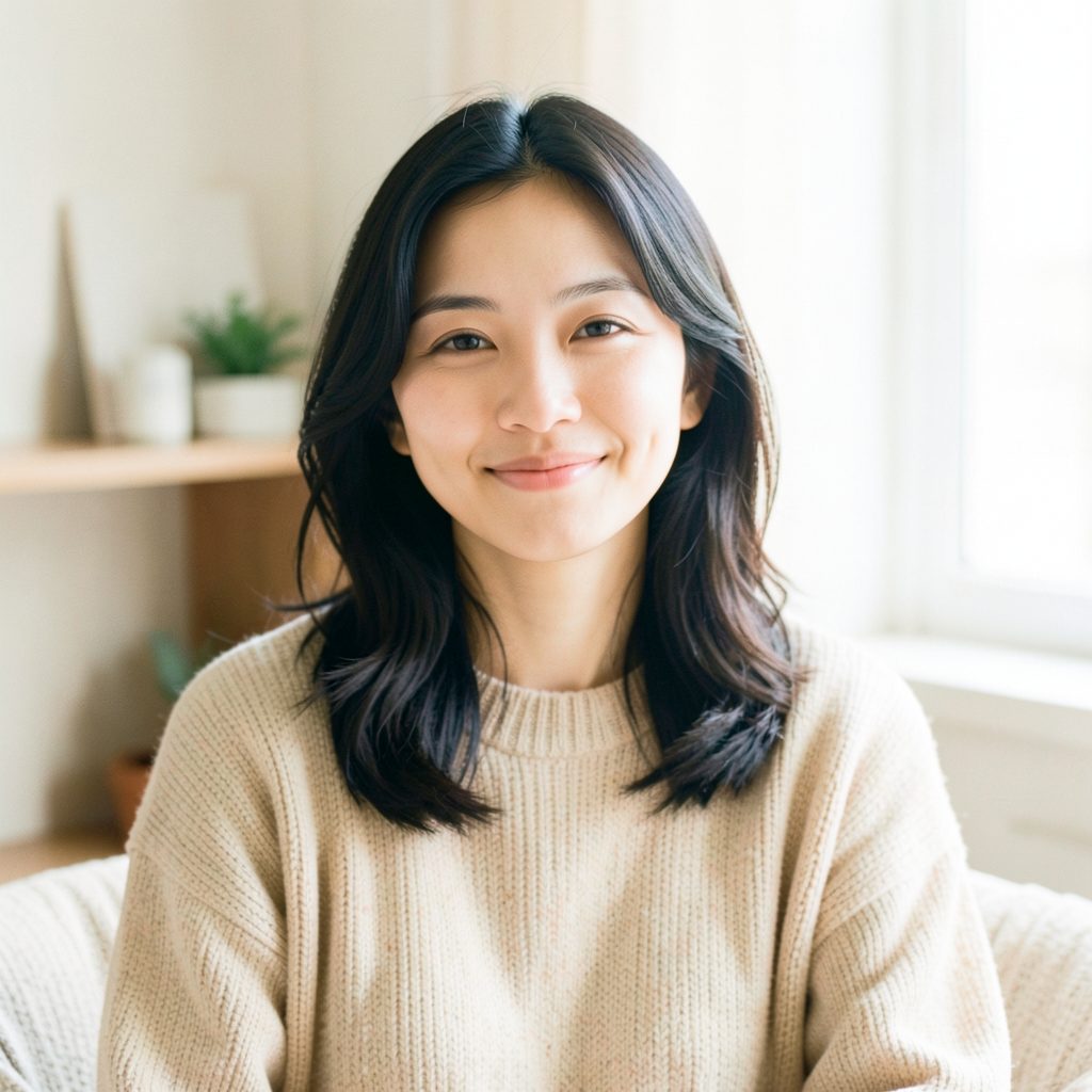A warm, softly lit portrait of a person with dark hair, smiling gently, wearing a casual sweater in a cozy indoor setting.
