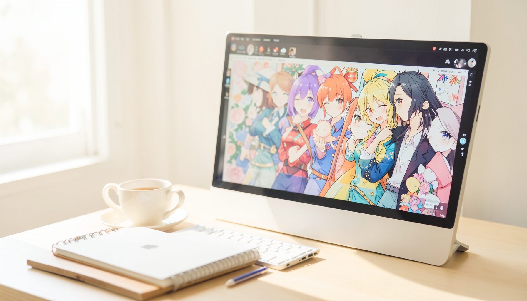 A bright desk setup with a notebook, a cup of tea, and a screen displaying colorful anime-style artwork, bathed in warm natural light from a nearby window.