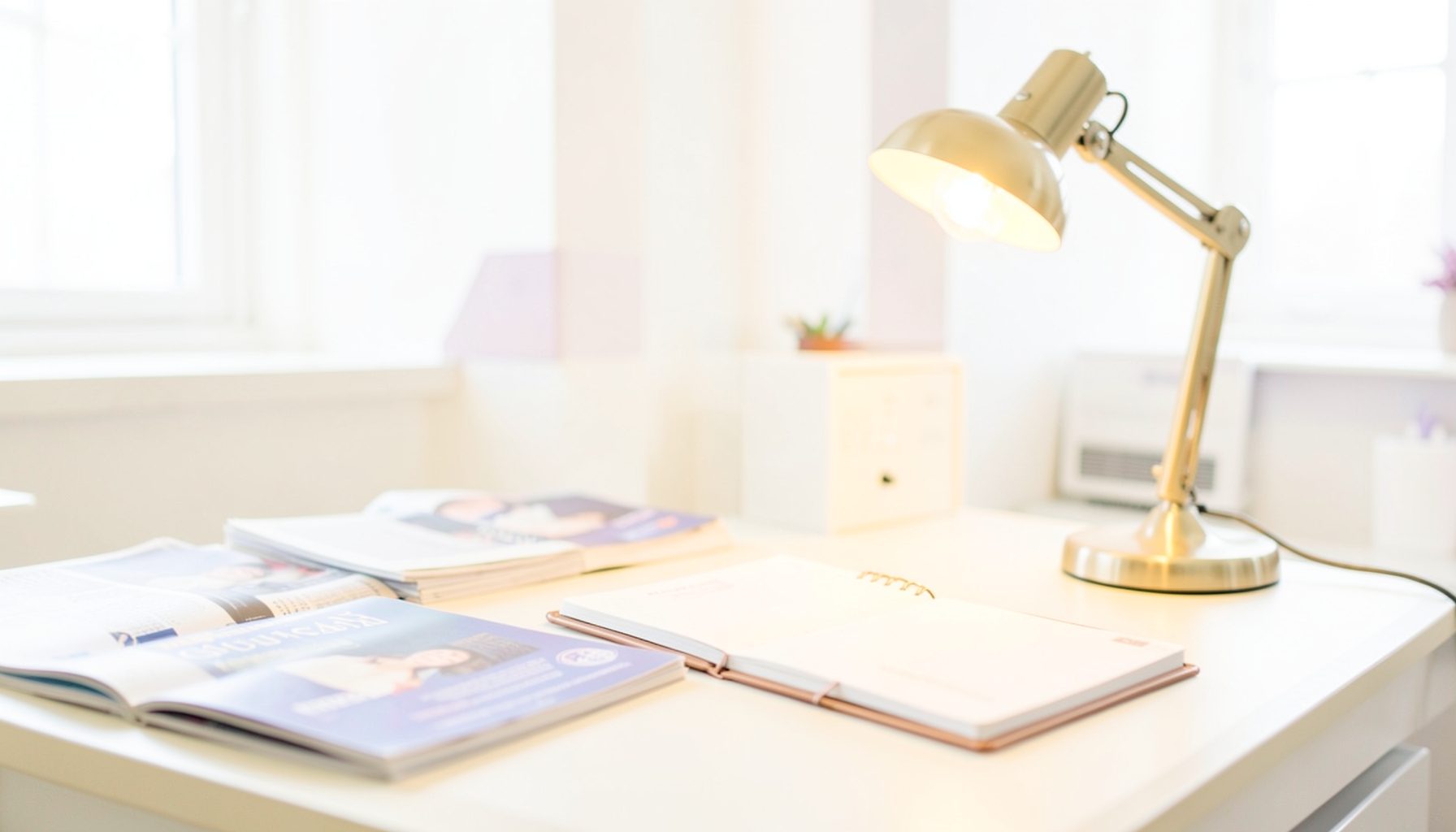 A bright, airy high-key photograph of a softly lit newsroom desk with scattered magazines, a notebook, and a warm desk lamp, predominantly cream and pale gold tones with subtle lavender accents.