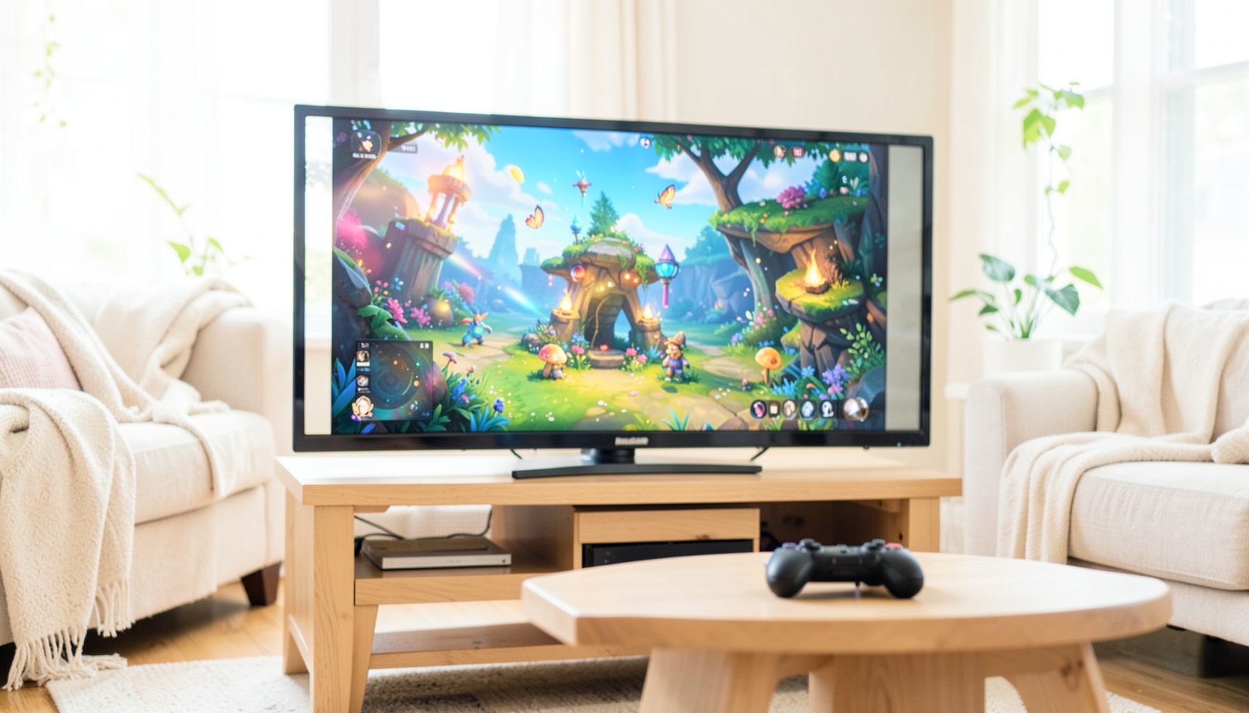 A bright, airy photograph of a television screen displaying a colorful fantasy game scene, with a controller resting on a coffee table in a cozy living room.