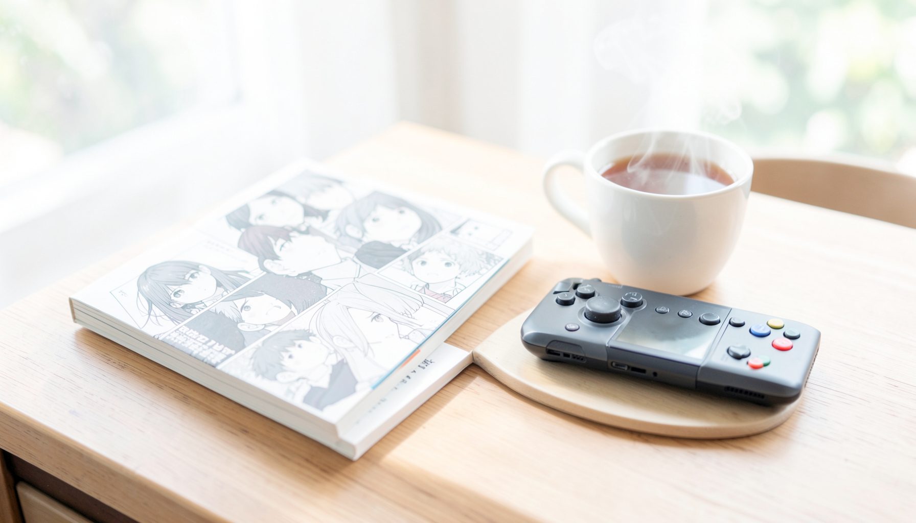 A bright, airy photograph of a manga volume and a handheld game console resting on a wooden desk beside a steaming cup of tea, with soft natural light streaming through a window.