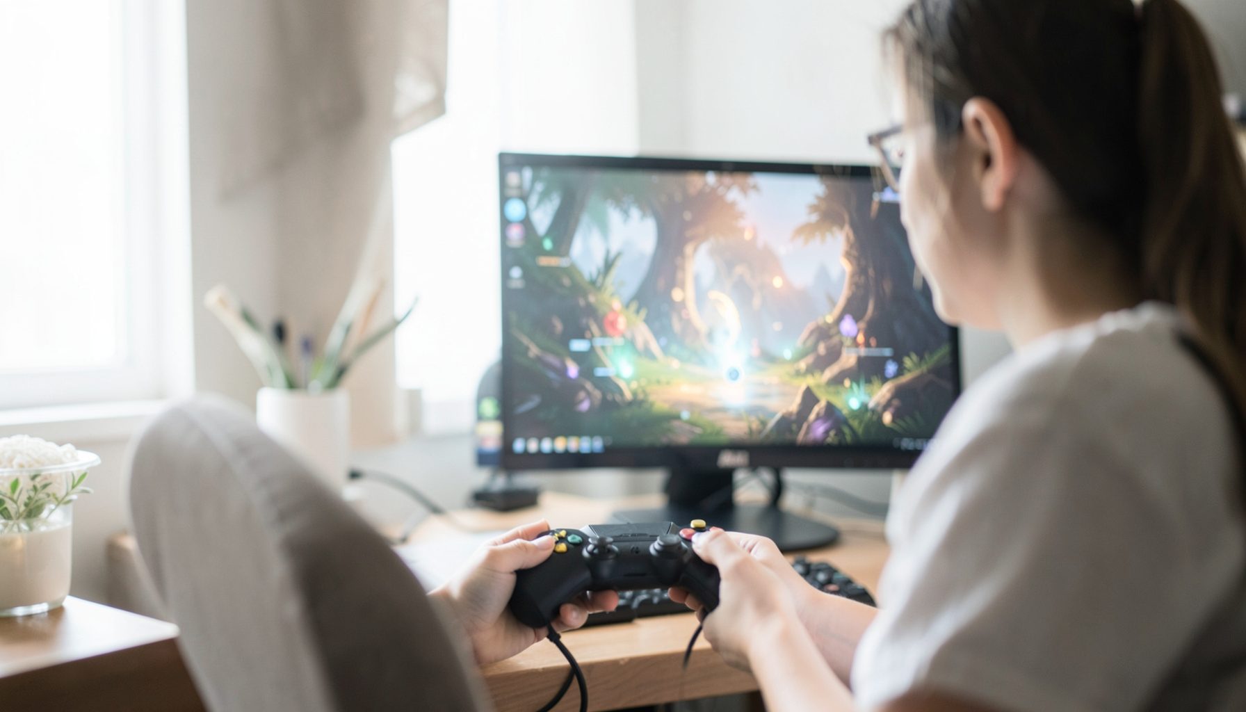A bright, airy photograph of a person holding a game controller while a fantasy RPG scene glows on a monitor in a dim, comfortable room.