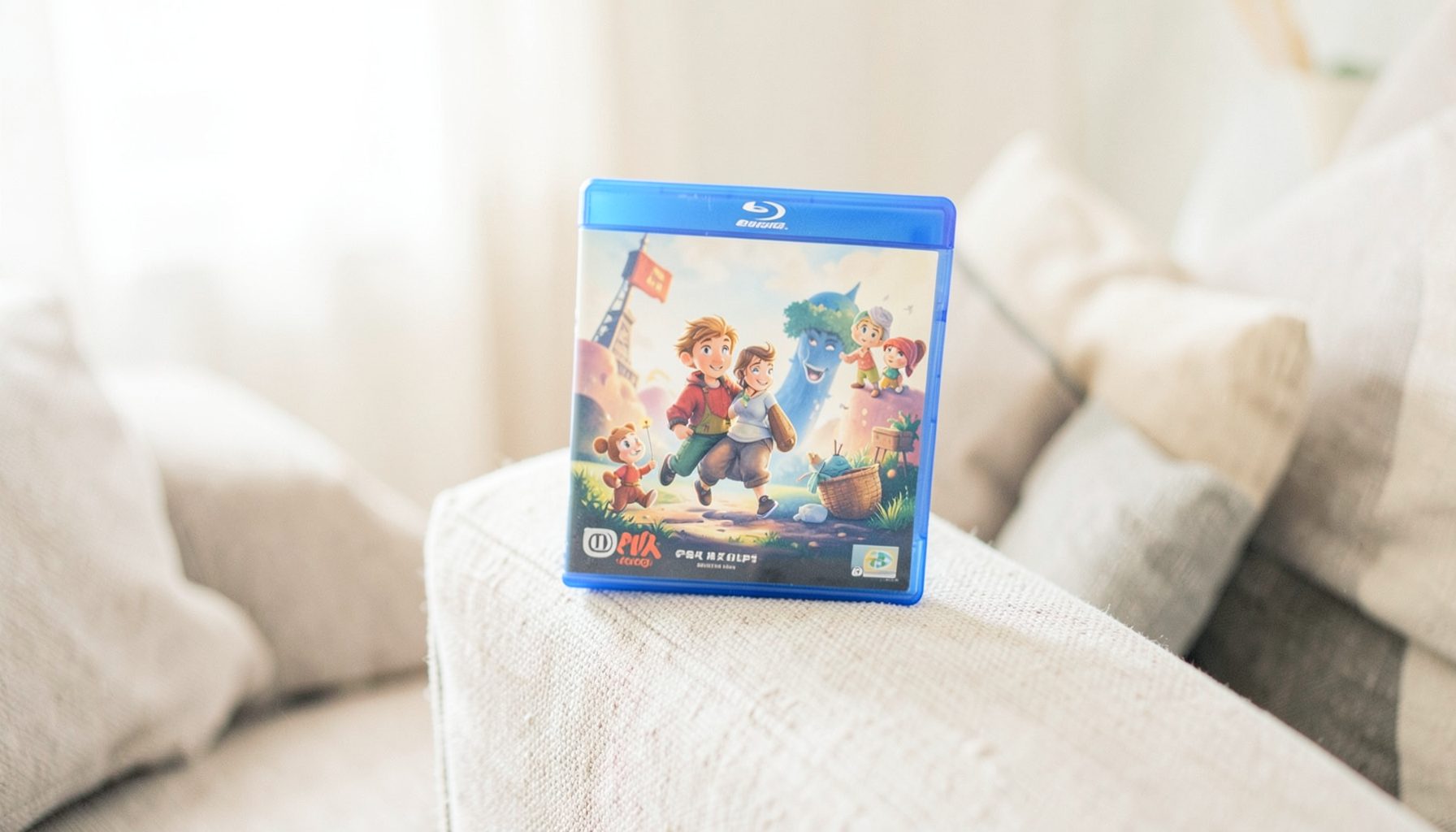 A bright, airy photograph of a Blu-ray case for an animated film resting on a sofa armrest, with soft living-room lighting and a cozy evening atmosphere.