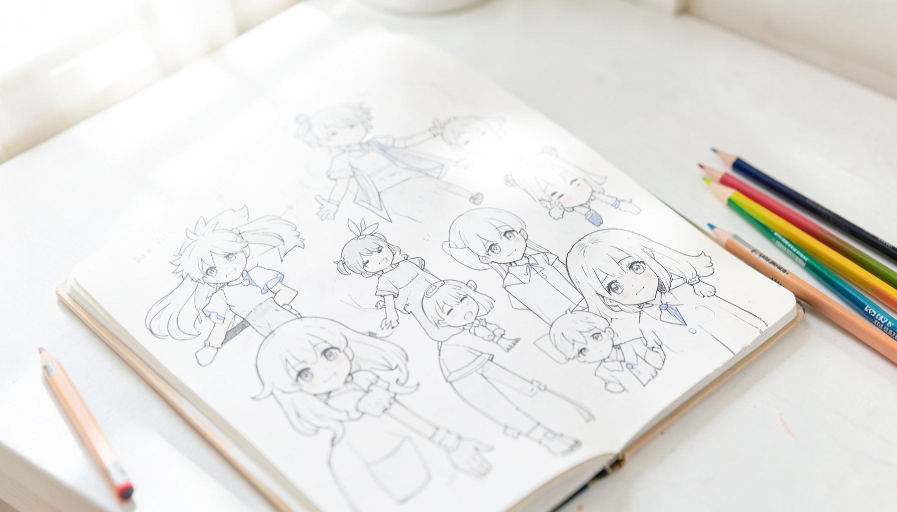 A bright, airy photograph of an open sketchbook filled with anime-style character drawings, colored pencils scattered nearby, and soft daylight illuminating the desk.