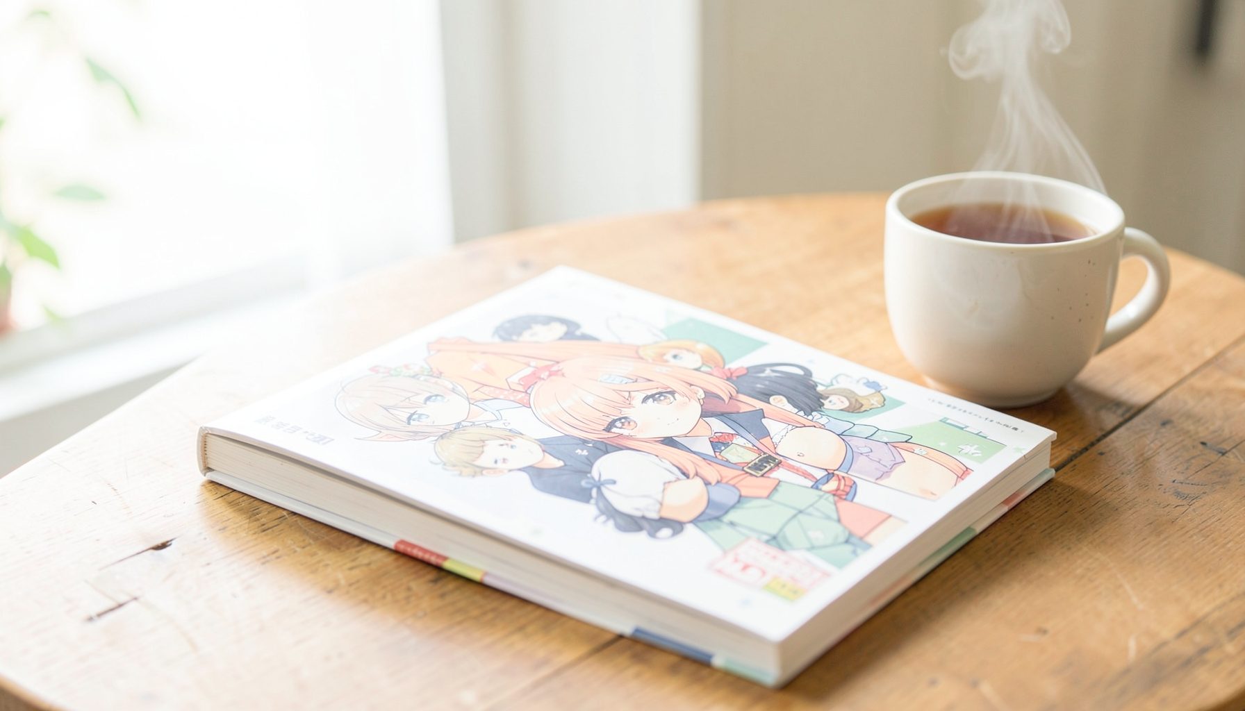 A bright, airy photograph of a manga volume and anime art book resting on a wooden coffee table beside a steaming cup of tea, with soft natural light streaming through a window.