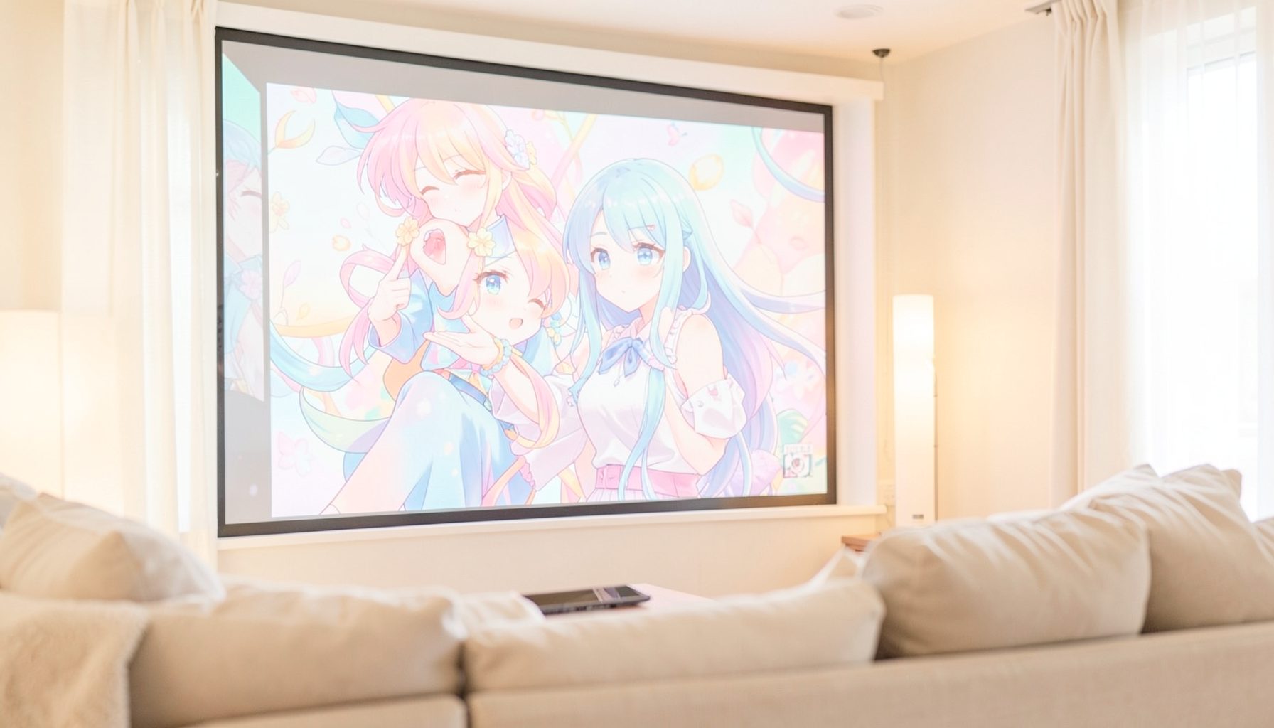 A bright, airy photograph of a cozy viewing setup with a large screen displaying colorful anime-style artwork in soft pastel tones, warm ambient lighting, and a comfortable couch in the foreground.