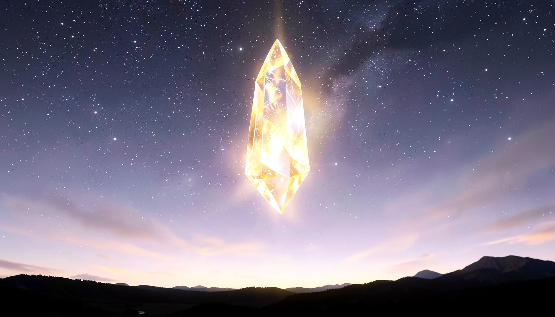 A dramatic fantasy landscape with a glowing crystal suspended above a dark, star-filled sky, casting warm golden and violet light across a silhouetted horizon.