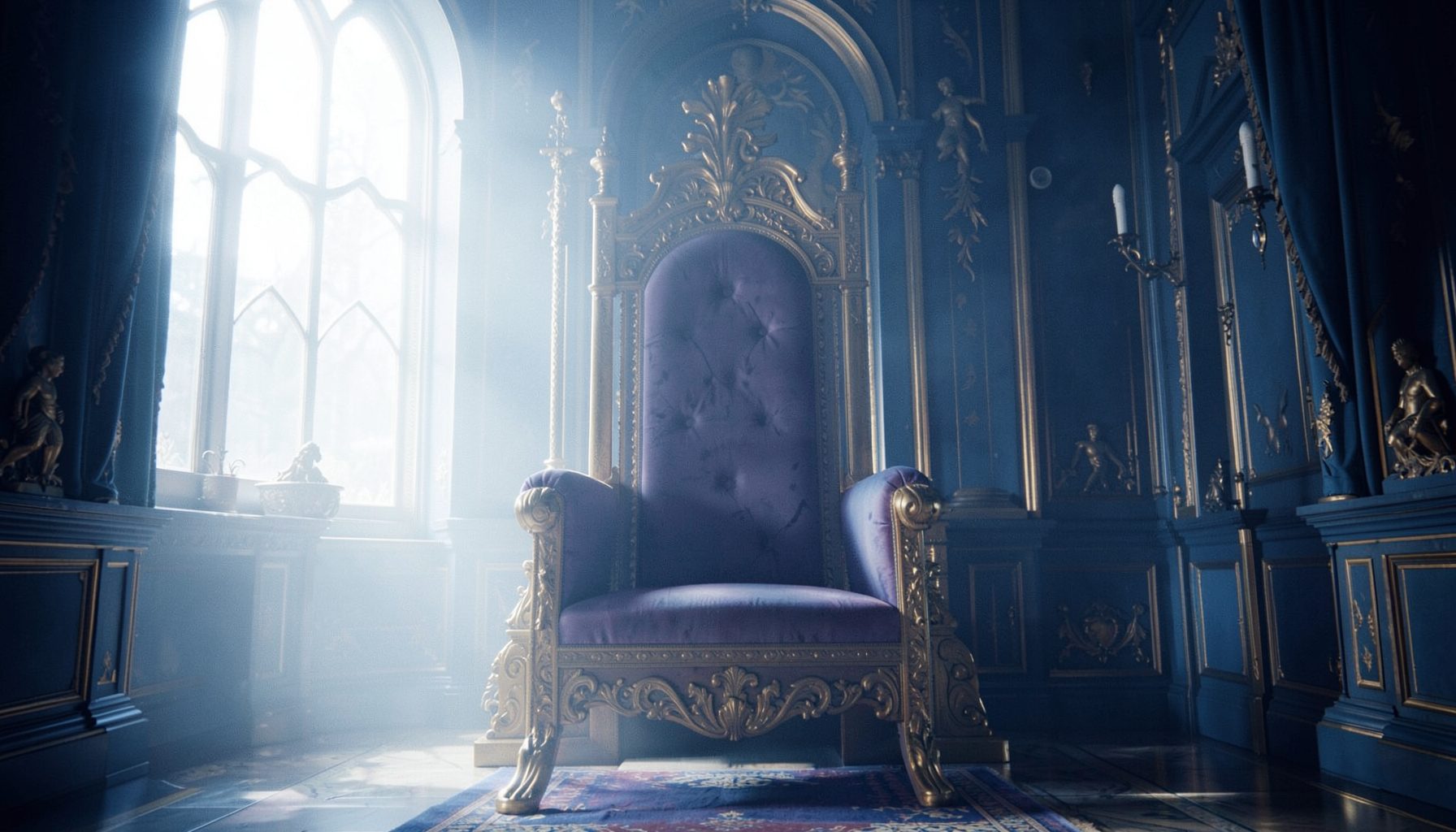 A cinematic, dark-toned image of a regal throne room bathed in deep blues and gold highlights, evoking power and legacy.