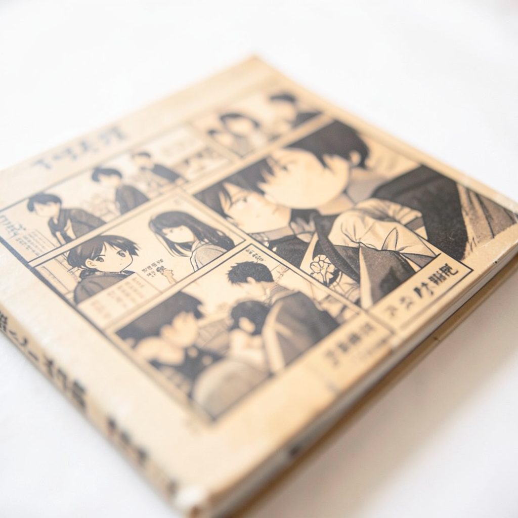 Soft-focus close-up of a vintage manga tankobon cover in warm amber and charcoal tones