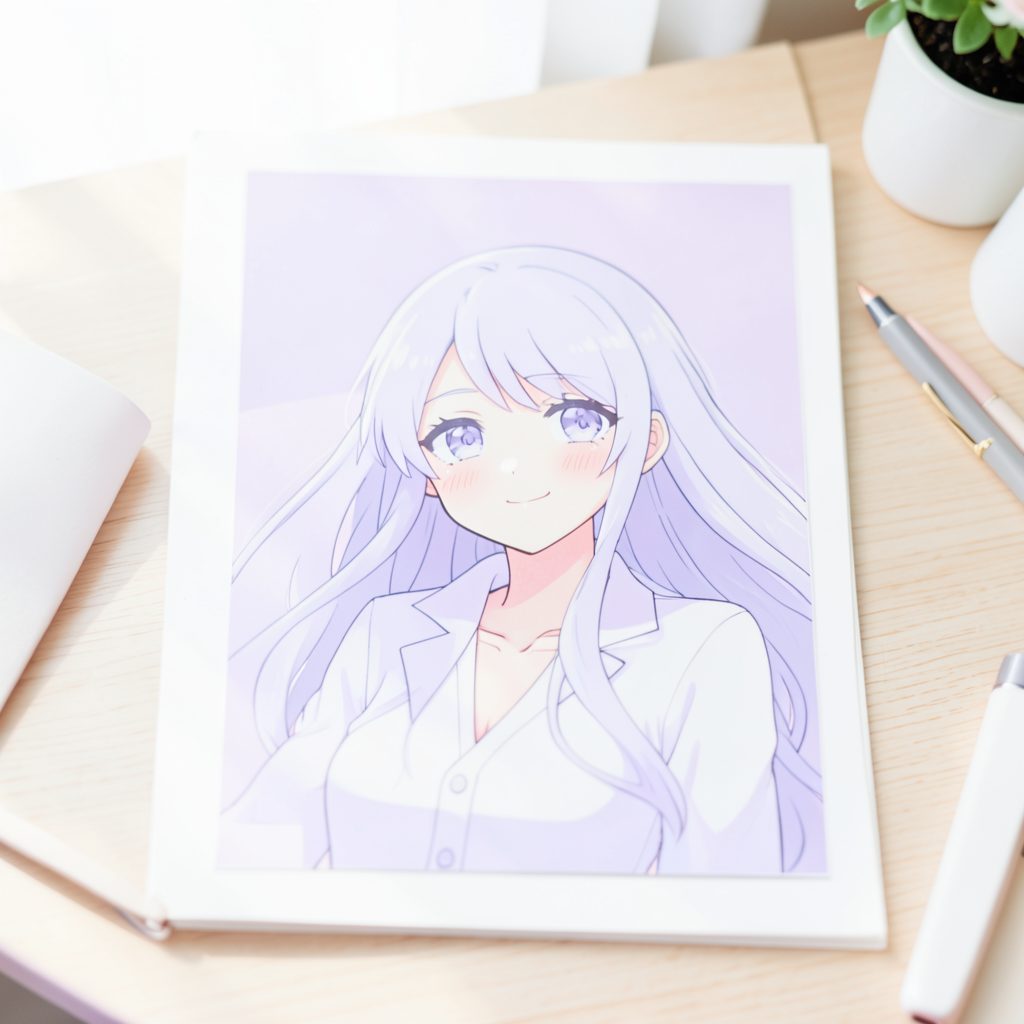 A bright photograph of an anime cel-style illustration on a desk, pale lavender and white tones
