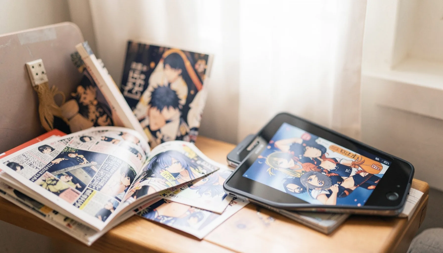A warm, softly lit reading nook with open manga volumes and a tablet displaying anime artwork, deep navy and amber tones