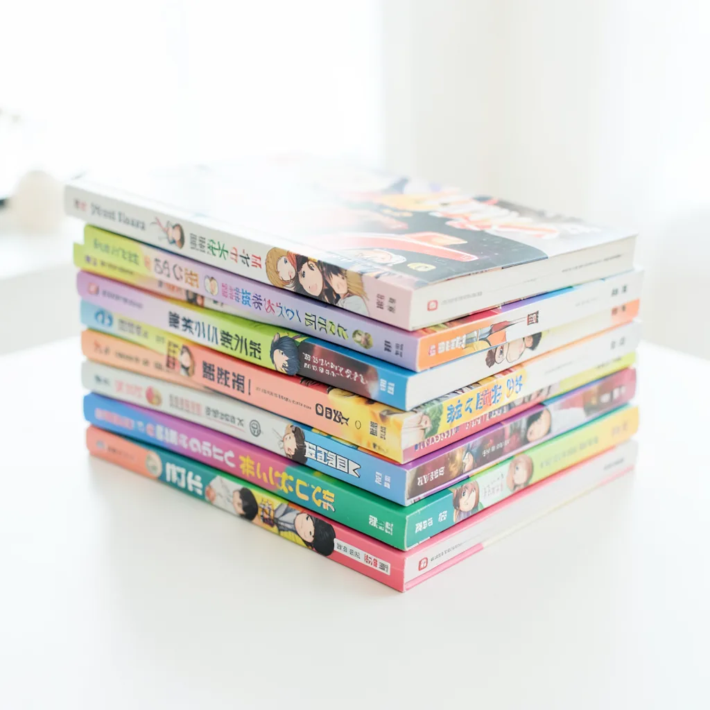 A clean, bright shot of stacked manga volumes with colorful spines, soft daylight