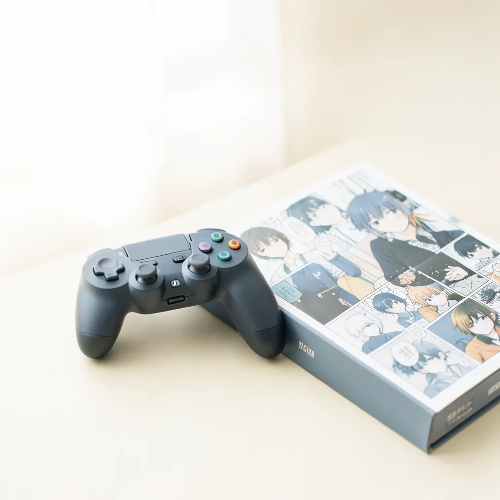 A bright, airy photograph of a gaming controller resting beside a manga volume, soft cream and slate blue tones