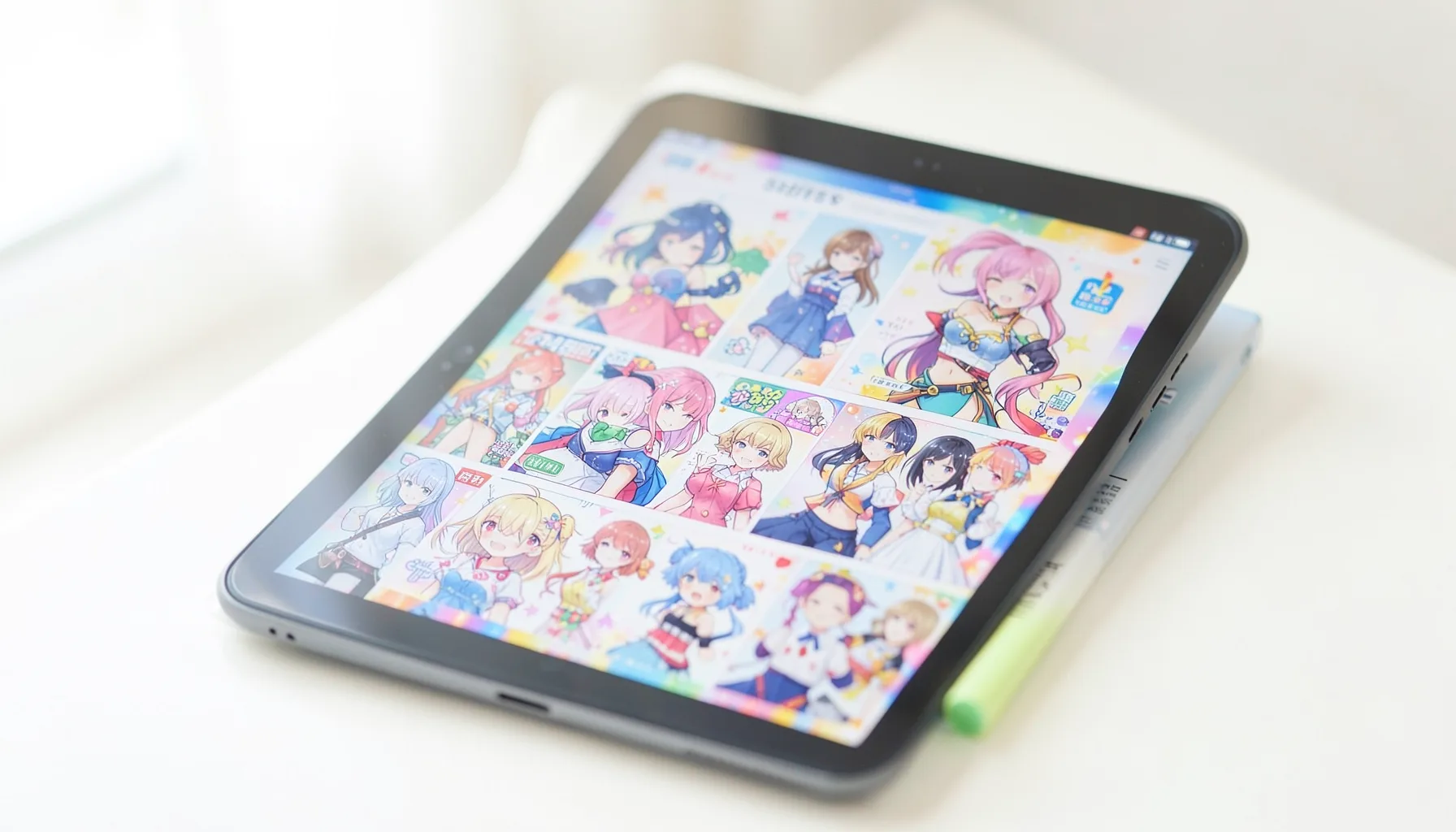 A bright, airy photograph of a tablet showing colorful anime key art, soft natural light