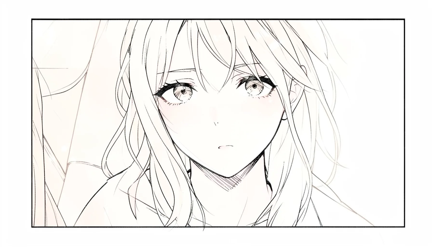 A clean, bright close-up of a manga panel with delicate linework, pale cream and ink-black tones
