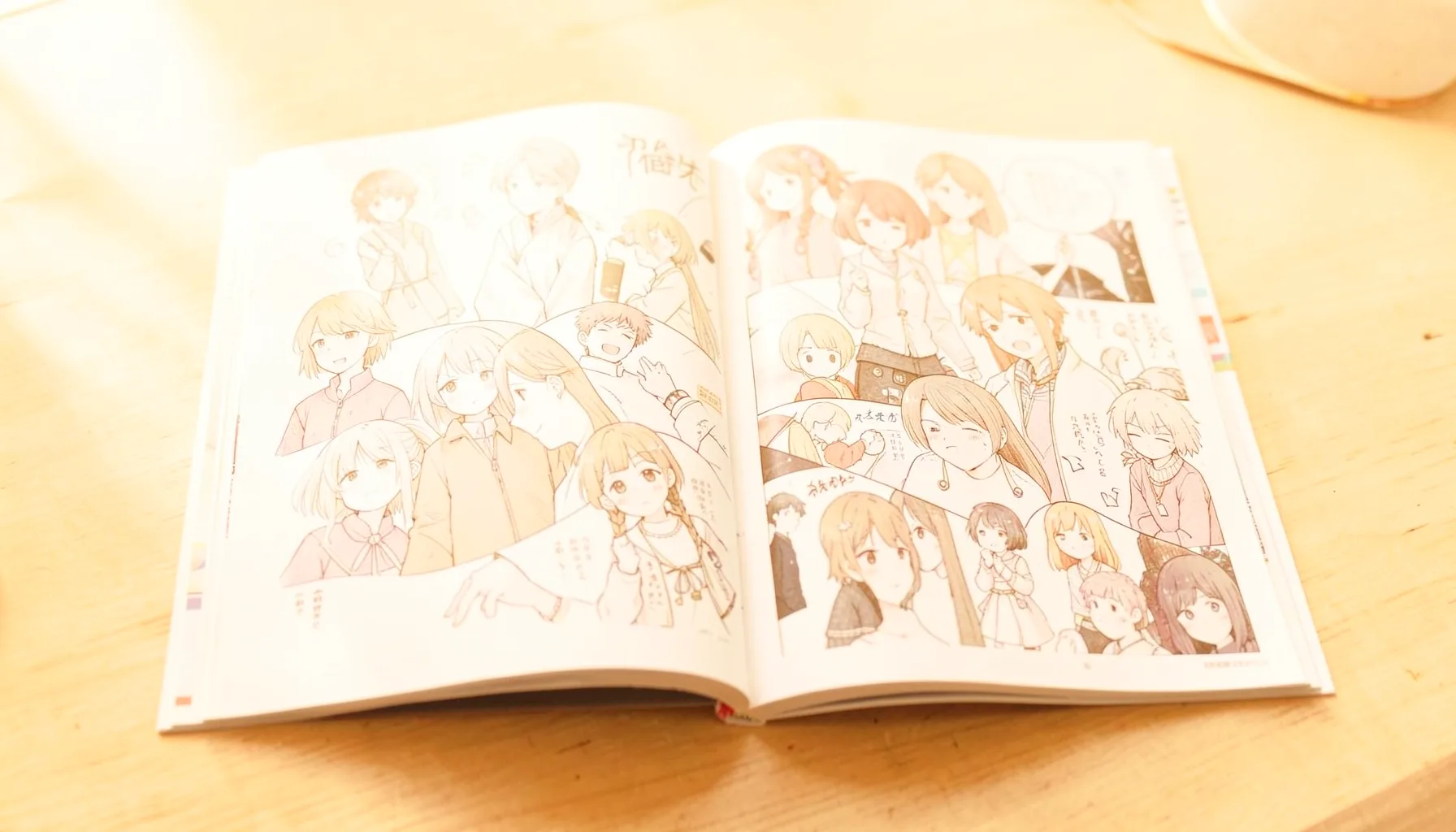 A bright photograph of a manga magazine spread on a wooden surface, warm amber and ivory tones