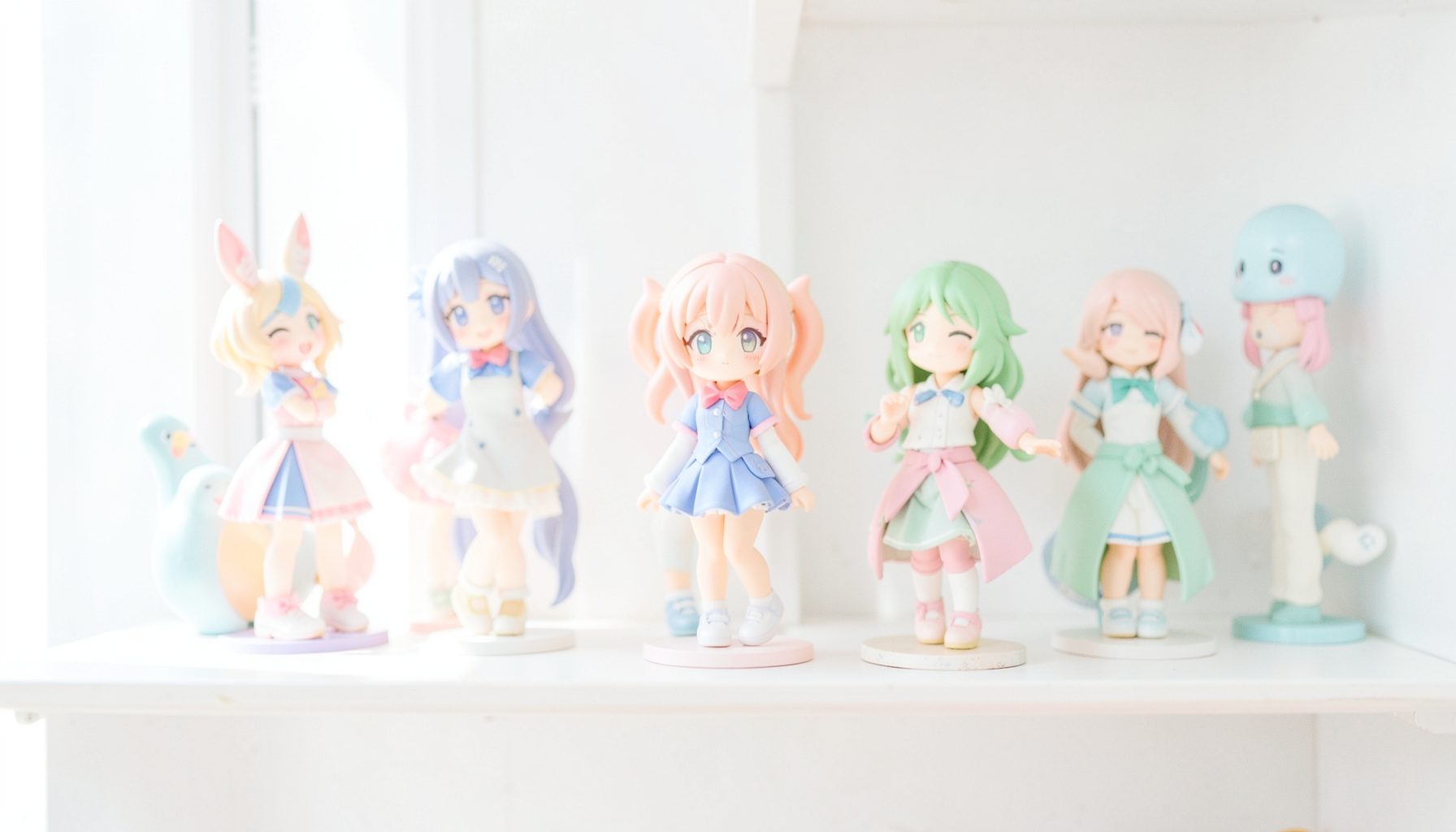 A clean, bright photograph of anime figurines on a shelf, soft daylight and pastel tones