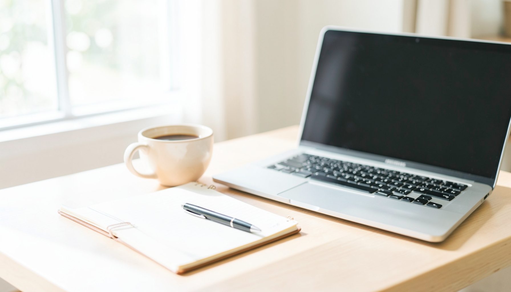 A bright airy high-key photograph of a clean desk with a notebook, pen, and a warm cup of coffee beside a laptop, soft natural light streaming through a window, calm and inviting mood.